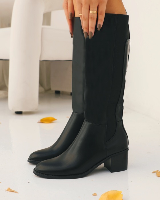 COMFORTABLE MID-HEEL LEATHER KNEE-HIGH BOOTS WITH SIDE ZIPPER