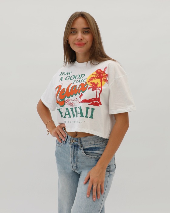GRAPHIC LETTERS DROP SHOULDERS ROUND NECK CROP TOP