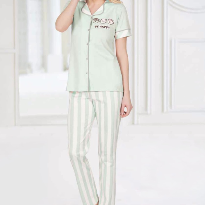 BE HAPPY BUTTON FRONT TOP AND STRIPED PANTS
