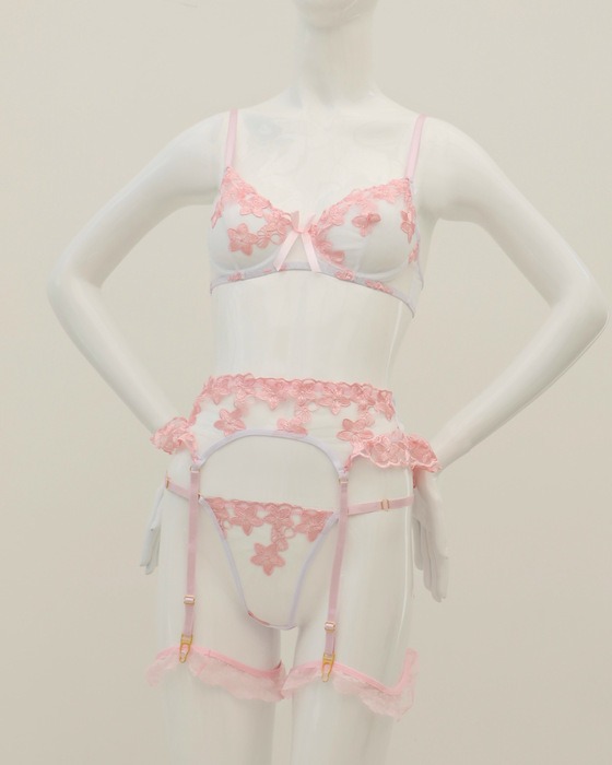 TWO-TONE EMBROIDERED BRA AND THONG PANTIES WOMEN LINGERIE SET (3 PCS)