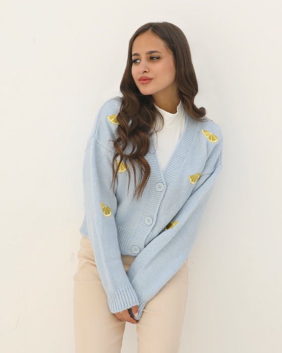 WOMEN CASUAL LEMON EMBROIDERED CARDIGAN SWEATER