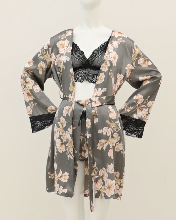 FLORAL PRINT CAMI TOP & SHORTS & ROBE PJ SET (3 PCS)