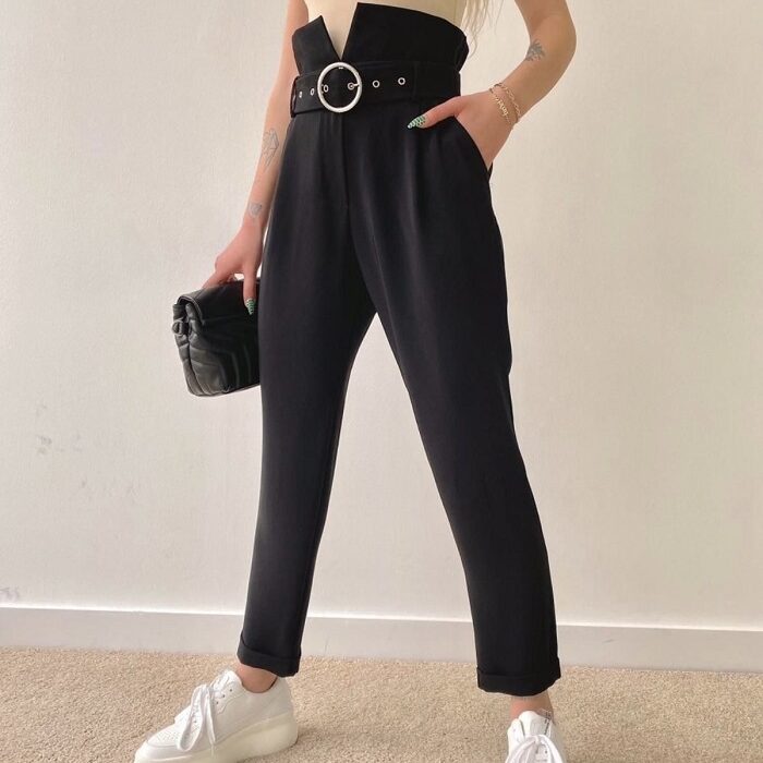 BELTED HIGH WAISTED FABRIC PANTS