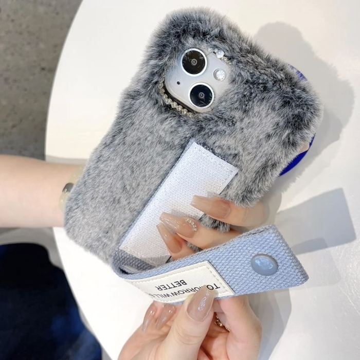 RHINESTONE DECOR FUZZY PHONE CASE WITH WRISTBAND‏