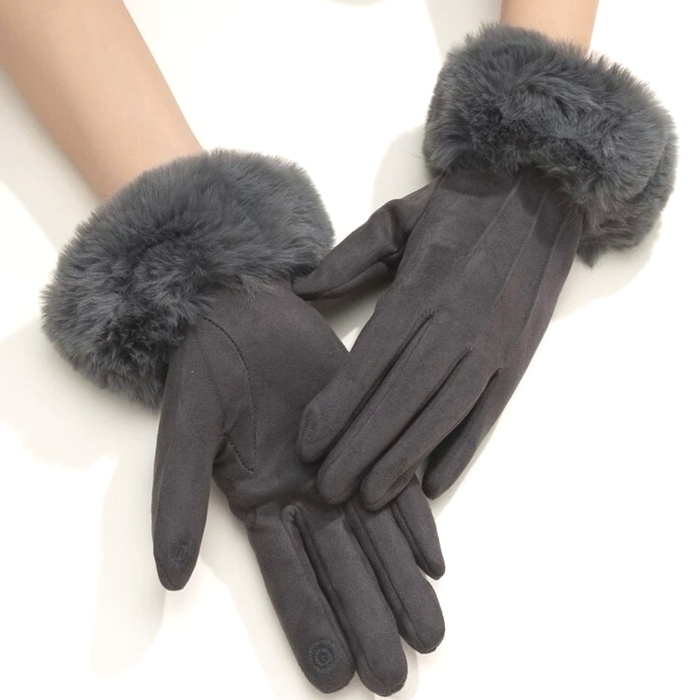 GRAY FLUFFY TRIM GLOVES