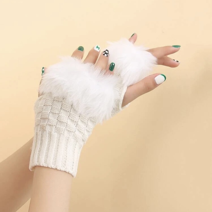 WHITE FLUFFY FINGERLESS KINT GLOVE