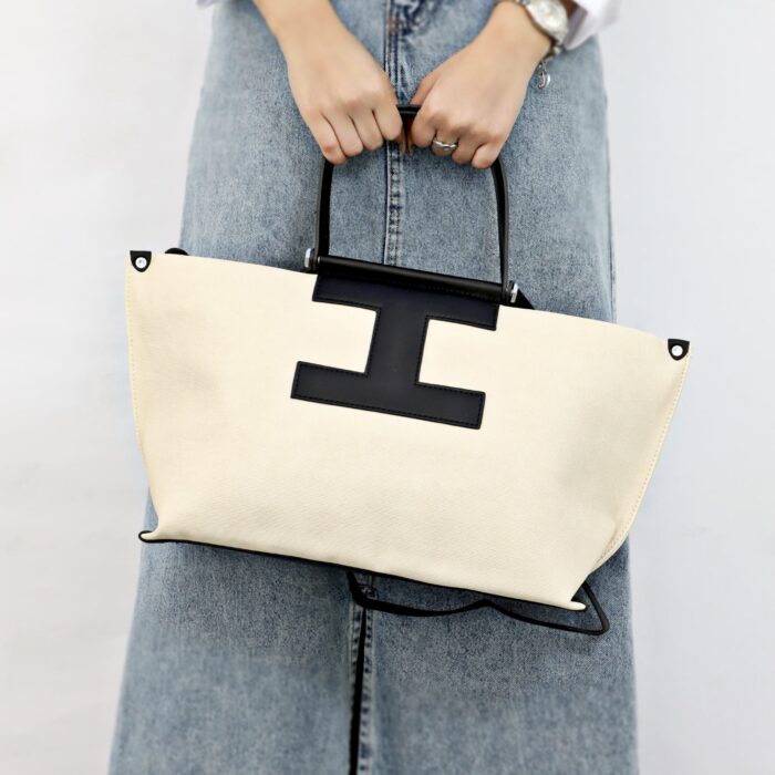 LUXURY SPACIOUS CANVAS HANDBAG WITH LEATHER DETAILS