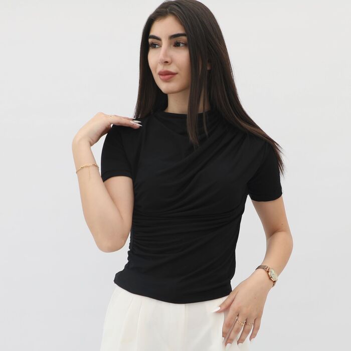 WOMEN STAND COLLAR SHORT SLEEVE T-SHIRT WITH PLEATS