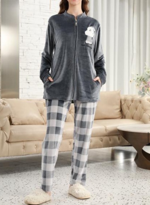 WOMEN PLAID PATCHED POCKET PJ SET